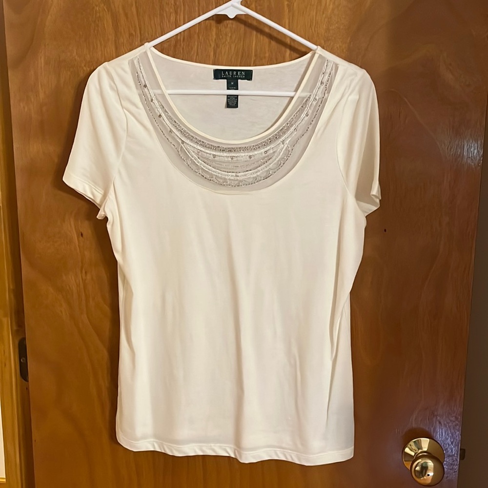 💥PRICE DROP 💥 Lauren M short sleeve ivory top, decorative embellished neckline
